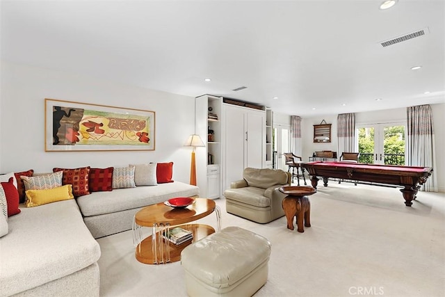 living room featuring pool table, french doors, visible vents, and recessed lighting