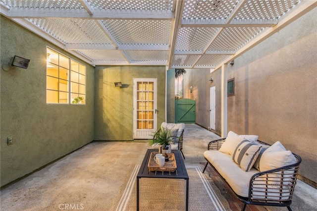 view of patio featuring outdoor lounge area and a pergola