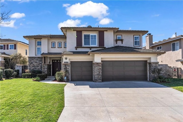 prairie-style home with stone siding, stucco siding, concrete driveway, and a front yard