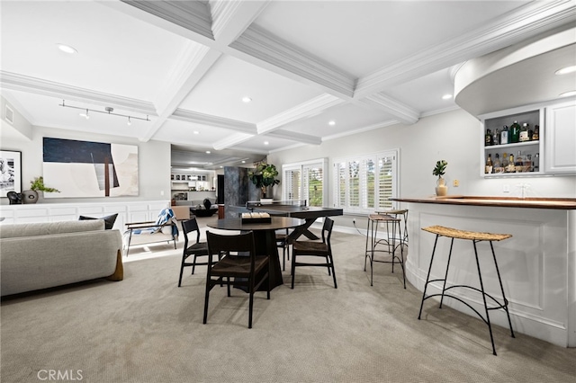 4 Huntington Ct, Newport Beach, CA 92660 - dining room with light colored carpet, bar, beam ceiling, coffered ceiling, and recessed lighting