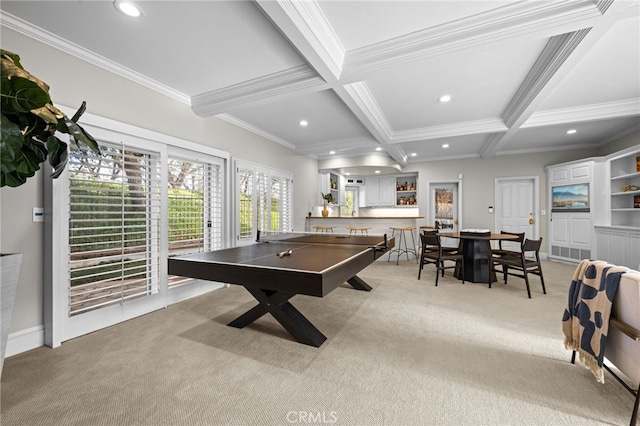 playroom with recessed lighting, beam ceiling, and light colored carpet