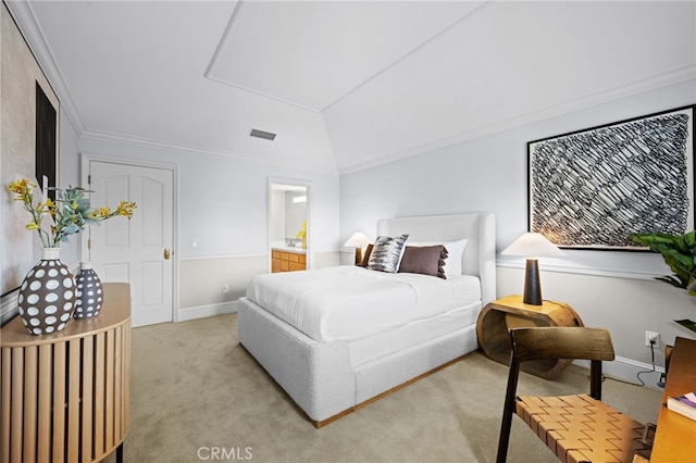 bedroom featuring baseboards, light carpet, ornamental molding, and vaulted ceiling