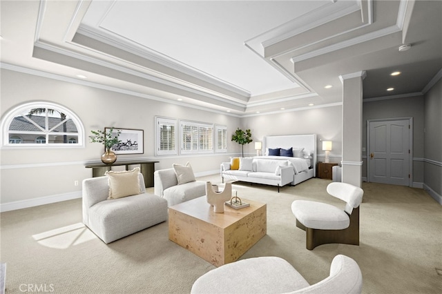 bedroom featuring baseboards, ornamental molding, carpet floors, recessed lighting, and a raised ceiling