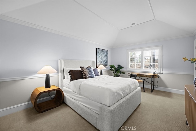 bedroom featuring light carpet, ornamental molding, baseboards, and vaulted ceiling