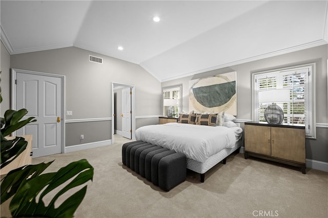 carpeted bedroom with visible vents, baseboards, recessed lighting, vaulted ceiling, and crown molding