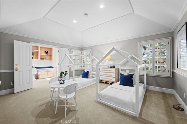 4 Huntington Ct, Newport Beach, CA 92660 - bedroom with lofted ceiling, carpet flooring, and ornamental molding