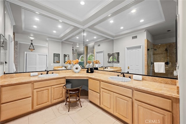 full bath with visible vents, a shower stall, ornamental molding, and a sink