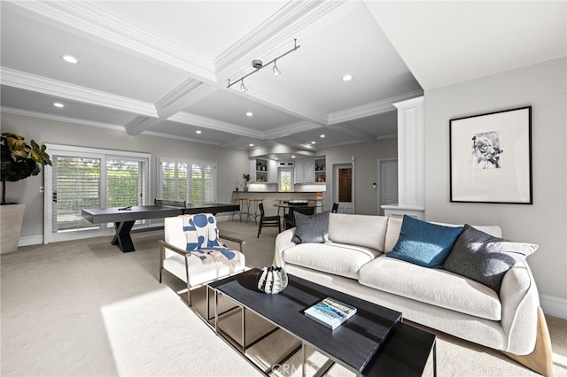 carpeted living area featuring crown molding, beamed ceiling, recessed lighting, and coffered ceiling