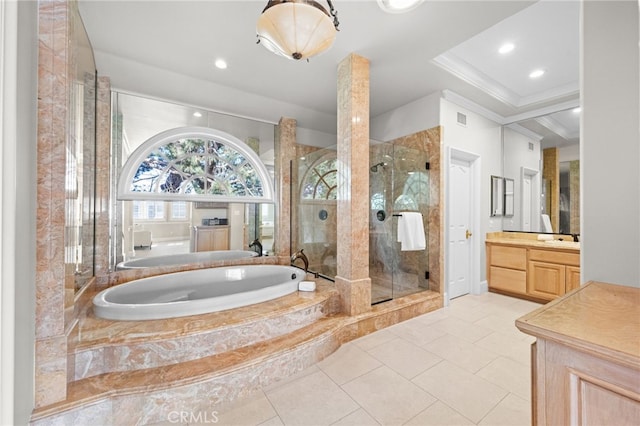 full bath with vanity, visible vents, ornamental molding, a shower stall, and a bath