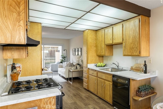 kitchen with dishwasher, light countertops, stovetop, wood finished floors, and a sink