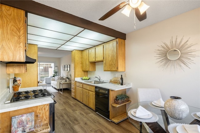 kitchen with wood finished floors, range with gas cooktop, a sink, light countertops, and dishwasher