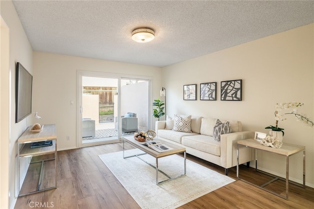 living room with baseboards, a textured ceiling, and wood finished floors