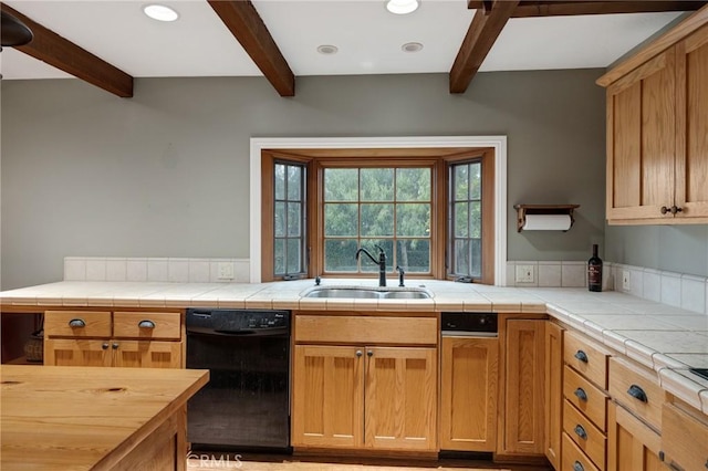 kitchen featuring black dishwasher, beam ceiling, a sink, and recessed lighting