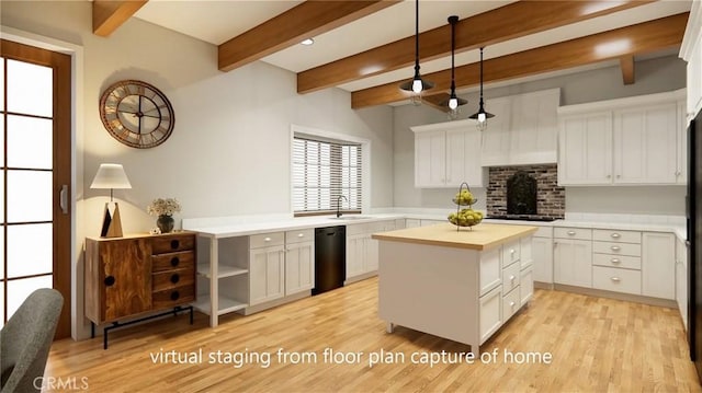 kitchen with white cabinets, black appliances, light wood-type flooring, and light countertops