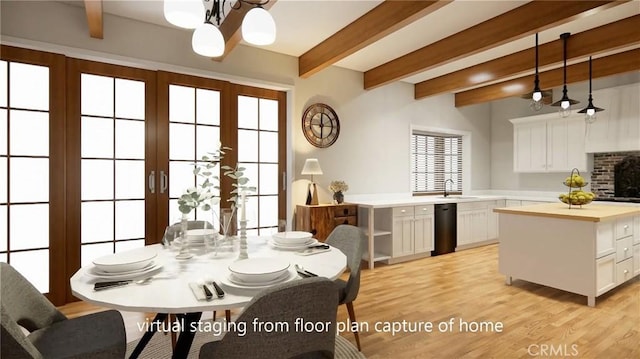 dining room with light wood finished floors and beamed ceiling