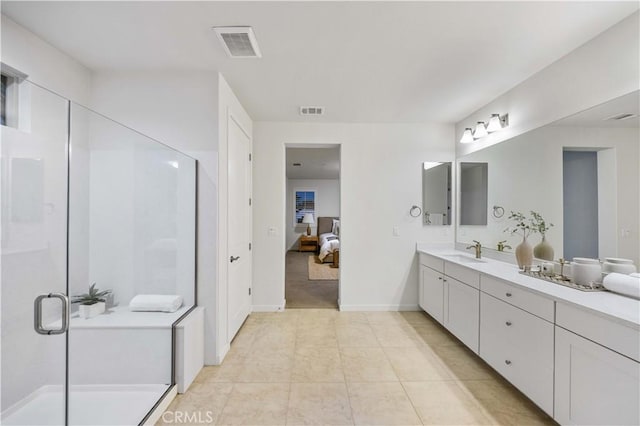 ensuite bathroom featuring ensuite bath, a stall shower, vanity, and visible vents