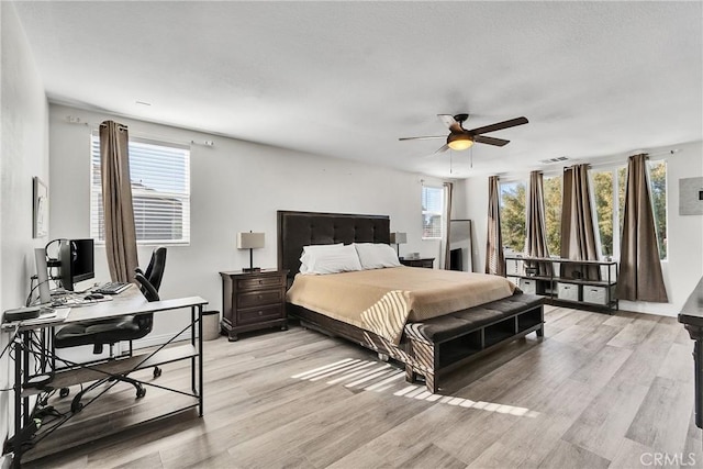 bedroom featuring light wood-style floors and a ceiling fan