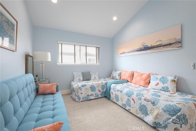 bedroom with recessed lighting, baseboards, carpet, and vaulted ceiling