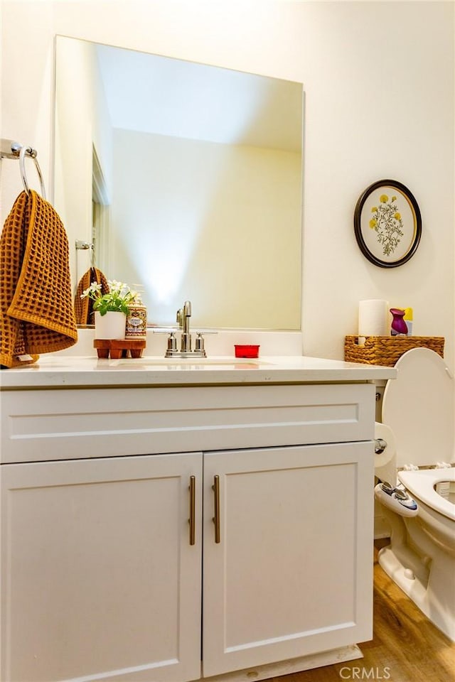 bathroom with toilet, wood finished floors, and vanity