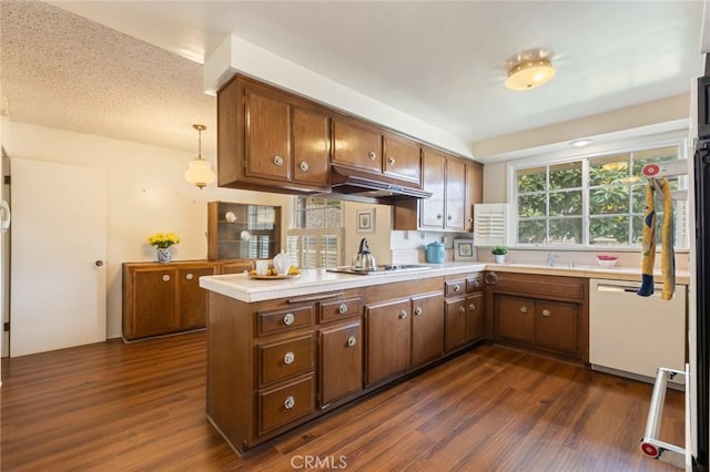 kitchen featuring dark wood-style flooring, cooktop, white dishwasher, a peninsula, and under cabinet range hood