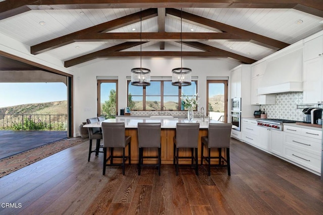 kitchen with plenty of natural light, tasteful backsplash, white cabinets, stainless steel appliances, and premium range hood