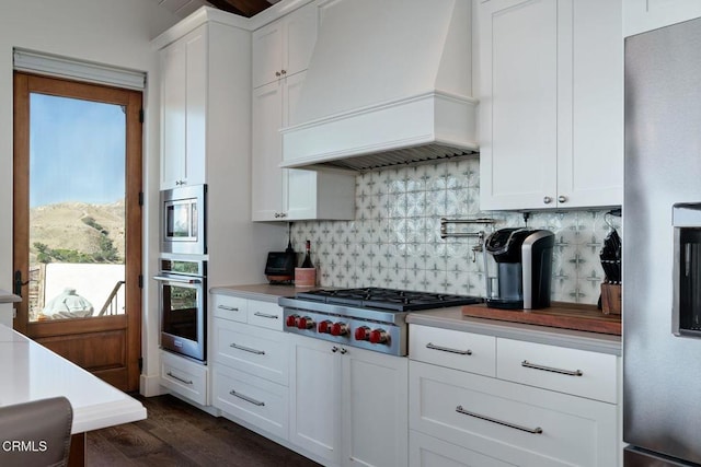 kitchen with tasteful backsplash, premium range hood, appliances with stainless steel finishes, and white cabinetry