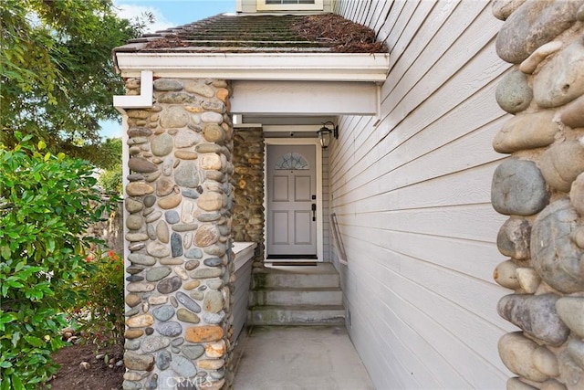 doorway to property featuring stone siding