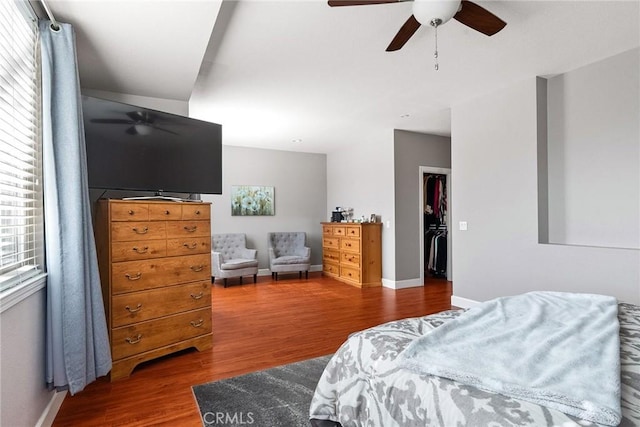 bedroom featuring a ceiling fan, wood finished floors, a walk in closet, and baseboards