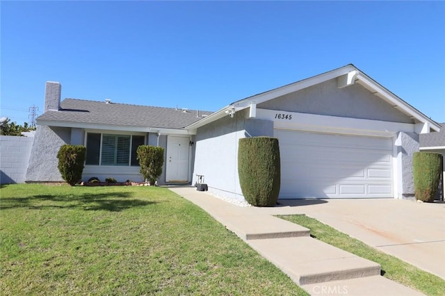 ranch-style house featuring a front lawn, concrete driveway, an attached garage, and stucco siding