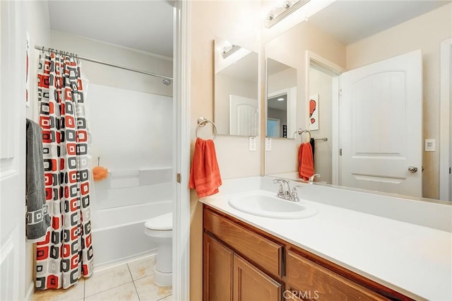 bathroom featuring shower / bathtub combination with curtain, vanity, toilet, and tile patterned floors