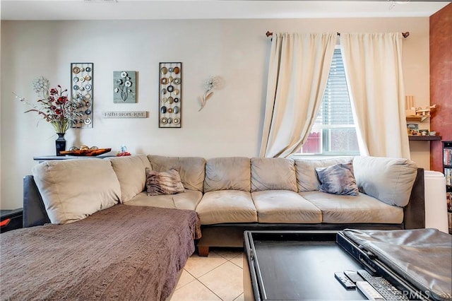 living room with light tile patterned flooring