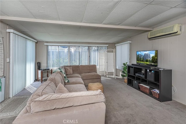 carpeted living room with a wall mounted air conditioner