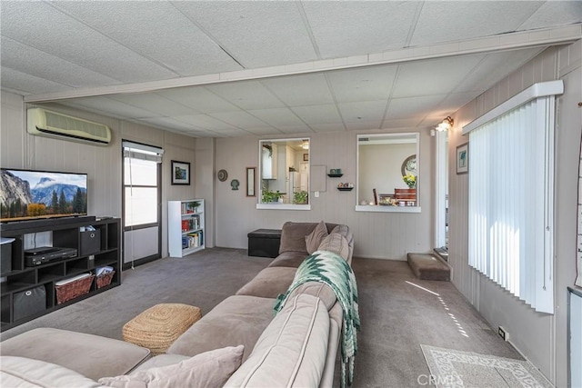 carpeted living room featuring a wall mounted AC