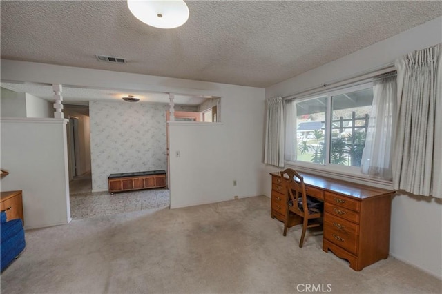 office space with visible vents, a textured ceiling, and carpet floors