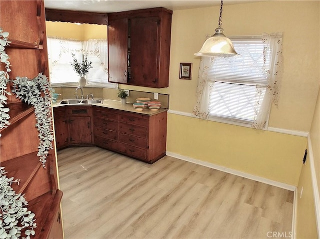 kitchen featuring plenty of natural light, light wood-type flooring, a sink, and pendant lighting