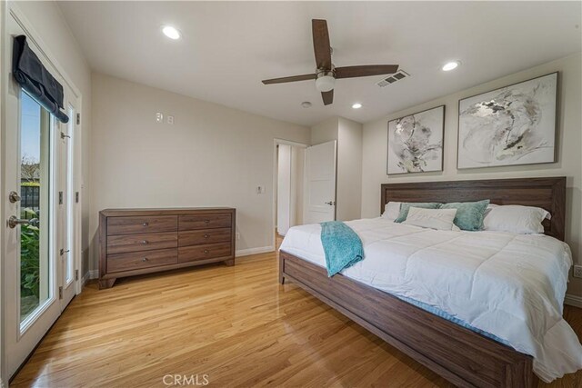 bedroom featuring visible vents, a ceiling fan, access to exterior, light wood-type flooring, and recessed lighting