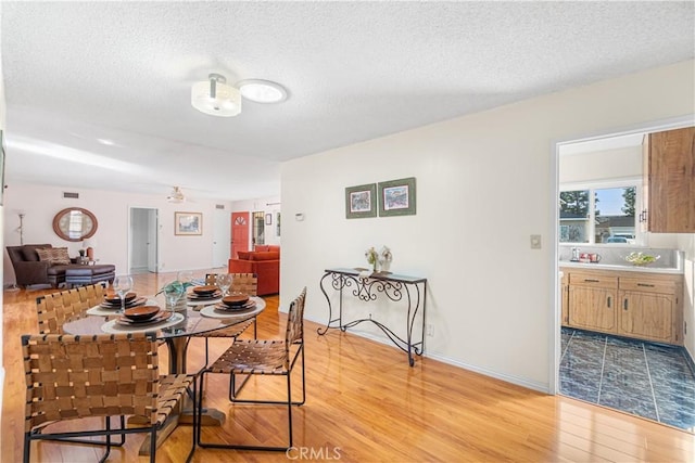 dining room featuring light wood-style floors and a textured ceiling