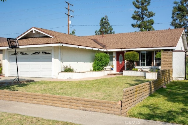 single story home with a garage, roof with shingles, a front lawn, and stucco siding