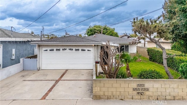 ranch-style home featuring stucco siding, fence, concrete driveway, and roof with shingles