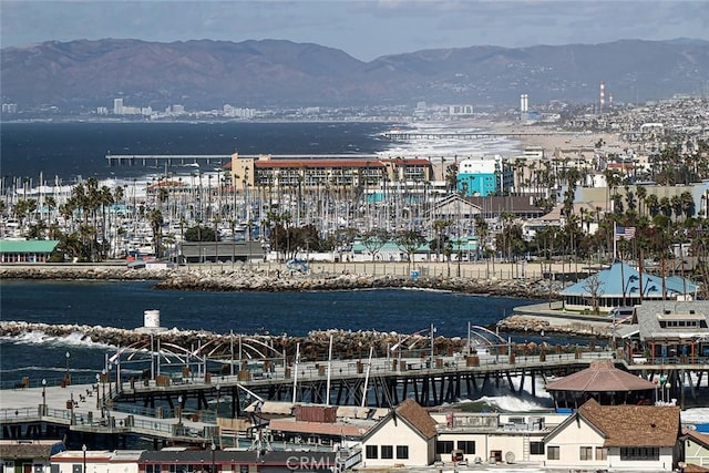 bird's eye view featuring a water and mountain view