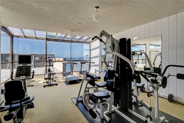 gym with a textured ceiling and a wall of windows