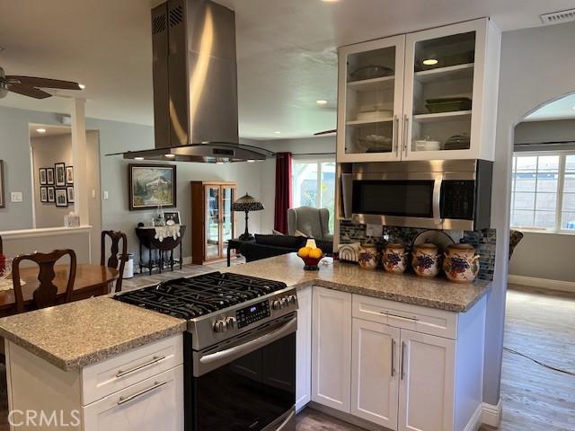 kitchen featuring island range hood, visible vents, a ceiling fan, appliances with stainless steel finishes, and a wealth of natural light