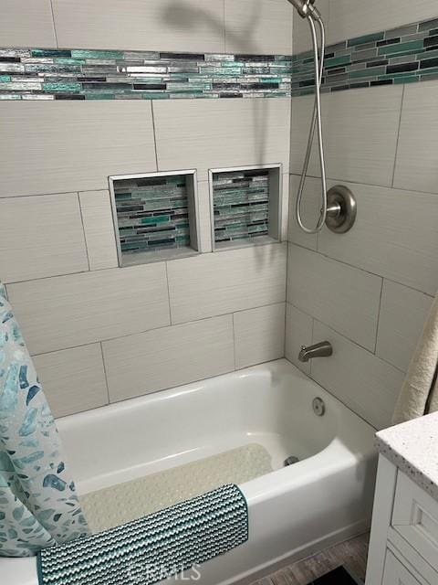 full bath with shower / bath combination with curtain and vanity