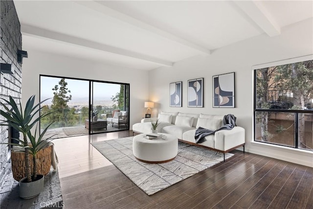 living room with dark wood-type flooring and beam ceiling