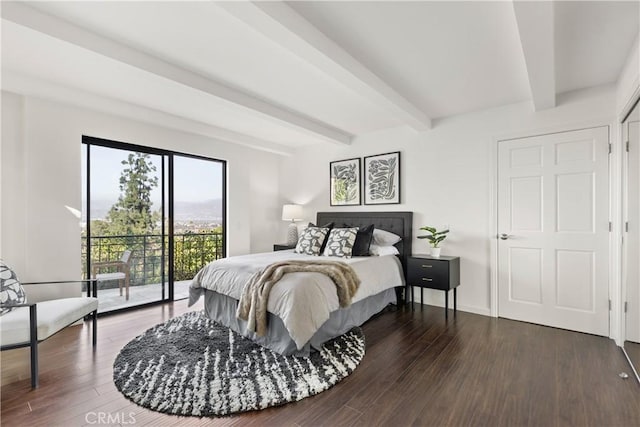 bedroom with access to exterior, dark wood-type flooring, beamed ceiling, and baseboards