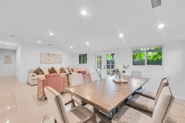 dining space featuring recessed lighting, visible vents, light tile patterned flooring, and french doors