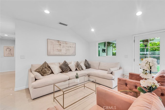 living area featuring vaulted ceiling, baseboards, visible vents, and recessed lighting