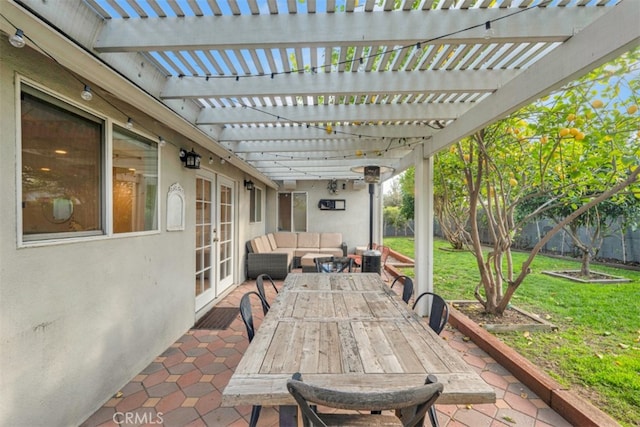 view of patio featuring french doors, outdoor dining area, an outdoor hangout area, a pergola, and a fenced backyard