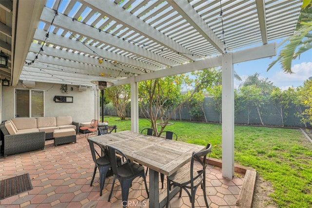 view of patio / terrace with outdoor dining area, a fenced backyard, an outdoor living space, and a pergola