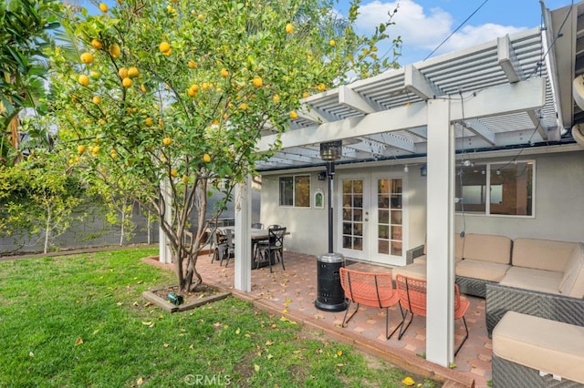 exterior space with a patio, fence, a pergola, and french doors